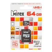 Карта памяти MicroSD 64GB MIREX К10 UHS-I, U1 (с адаптером) Карта памяти MicroSD 64GB MIREX К10 UHS-I, U1 (с адаптером)