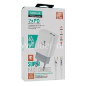 СЗУ Type-C to Lightning 2 выхода PD 25W (5V-3.0A/9V-2.77A/12V-.2.08A) FaizFull FC142 (белый)